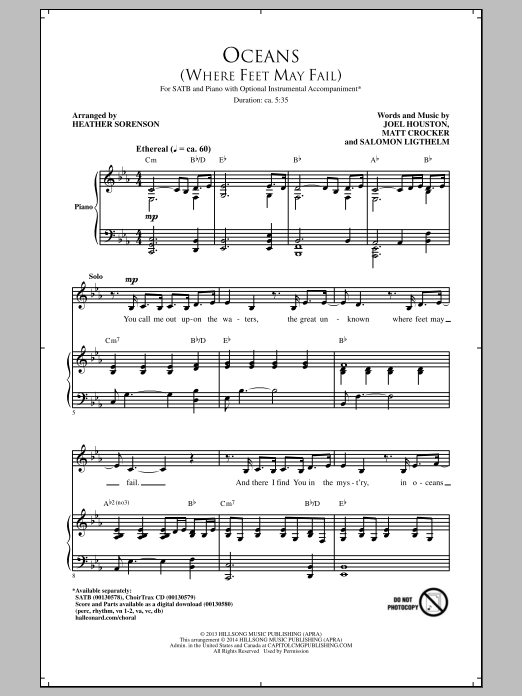 Hillsong United Oceans (Where Feet May Fail) (arr. Heather Sorenson) sheet music notes and chords arranged for SATB Choir