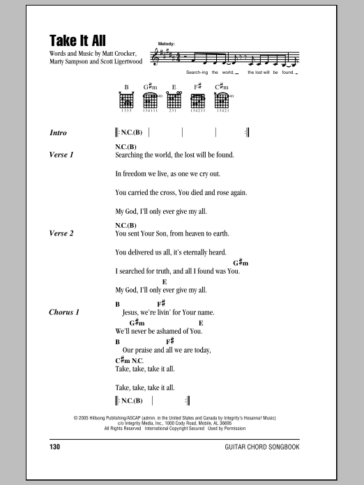 Hillsong United Take It All sheet music notes and chords arranged for Guitar Chords/Lyrics