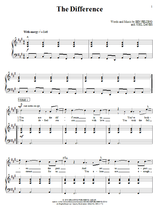 Hillsong United The Difference sheet music notes and chords arranged for Piano, Vocal & Guitar Chords (Right-Hand Melody)