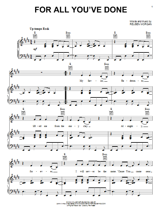 Hillsong Worship For All You've Done sheet music notes and chords arranged for Piano, Vocal & Guitar Chords (Right-Hand Melody)