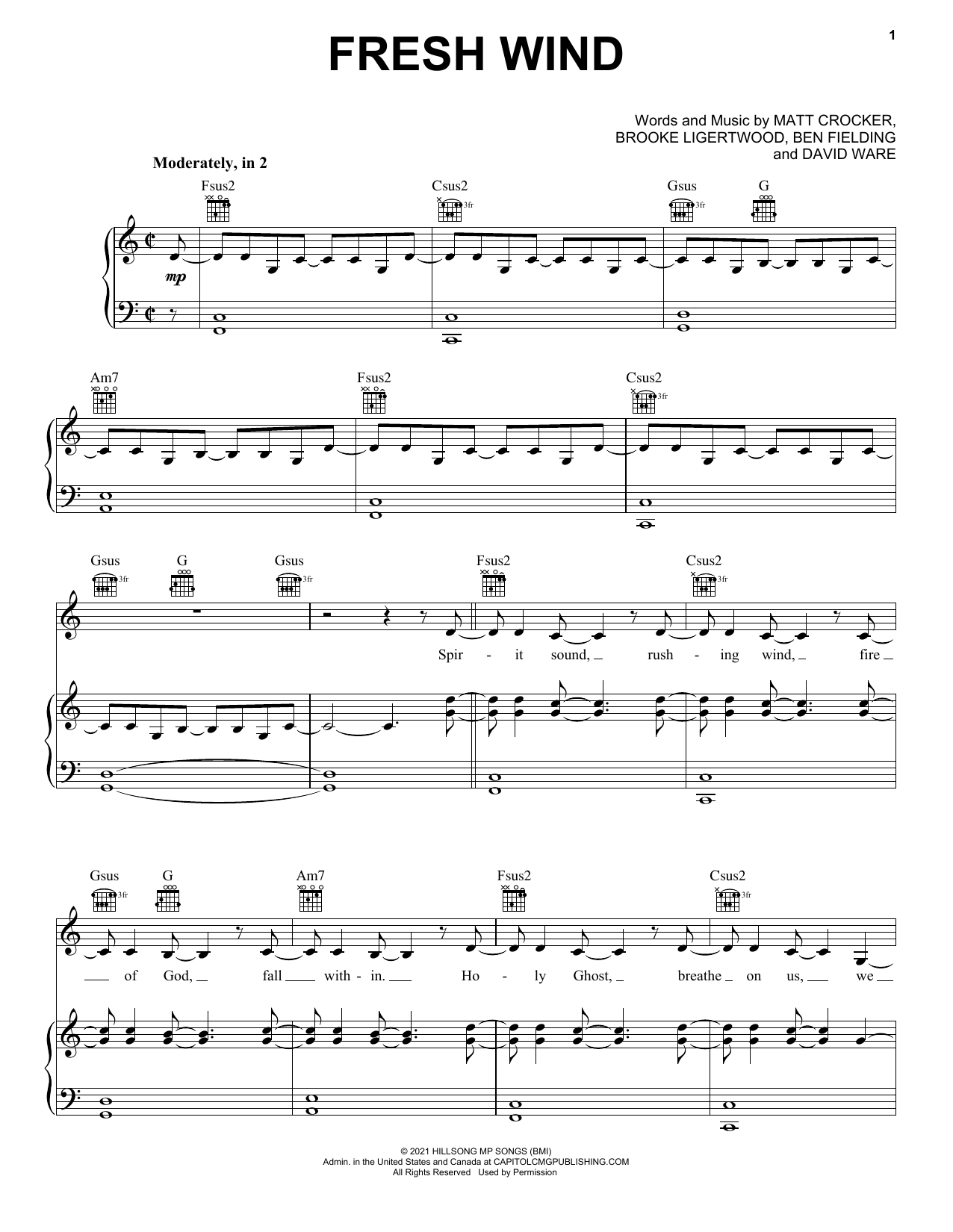 Hillsong Worship Fresh Wind sheet music notes and chords arranged for Piano, Vocal & Guitar Chords (Right-Hand Melody)