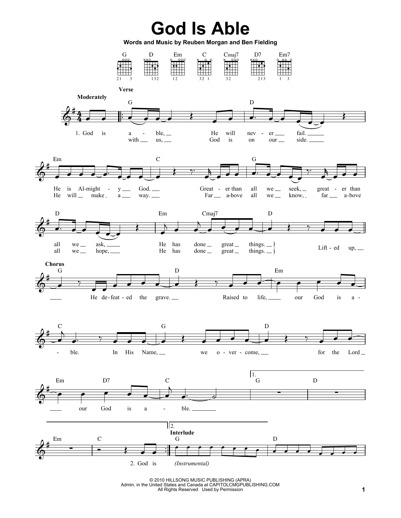 Hillsong Worship God Is Able sheet music notes and chords arranged for Easy Guitar