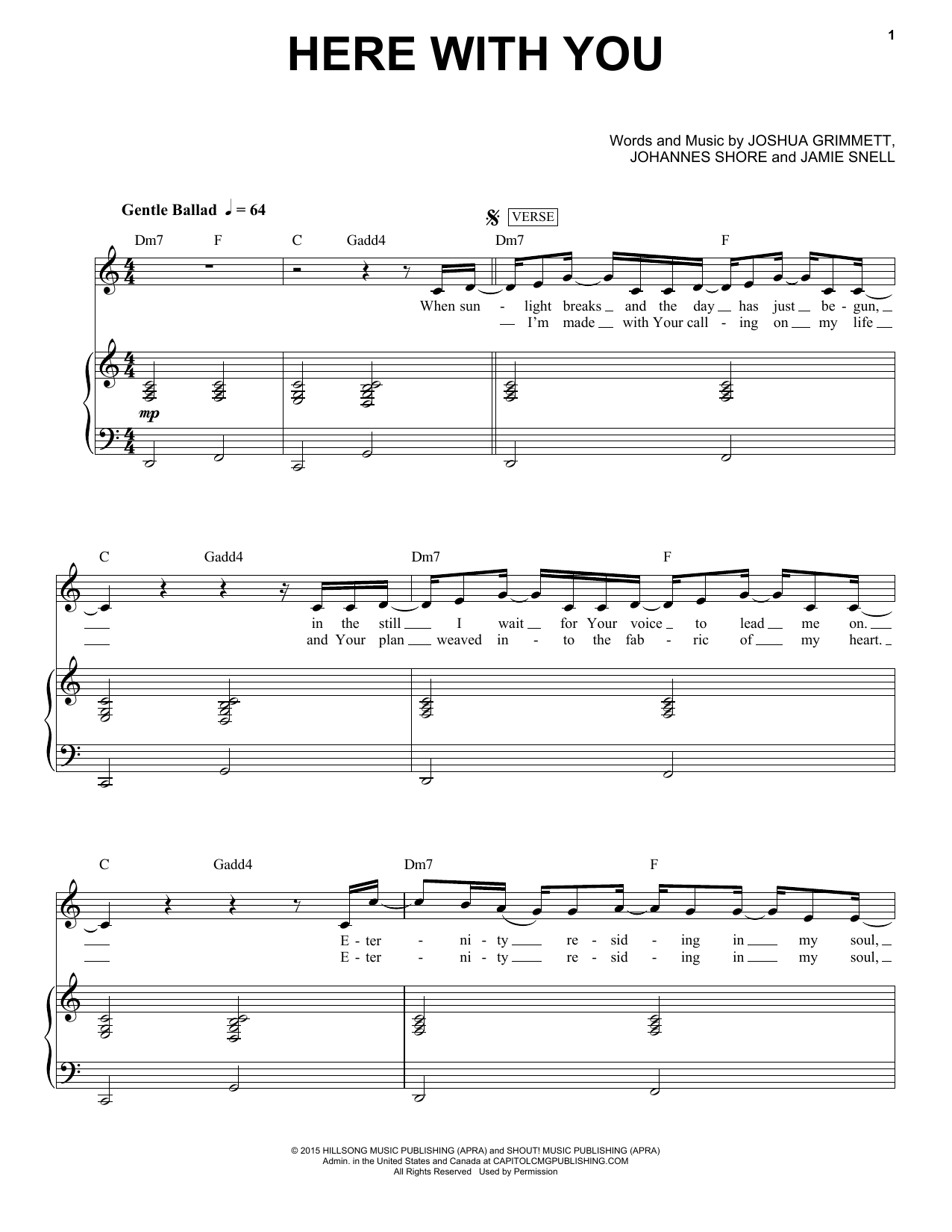 Hillsong Worship Here With You sheet music notes and chords arranged for Piano & Vocal