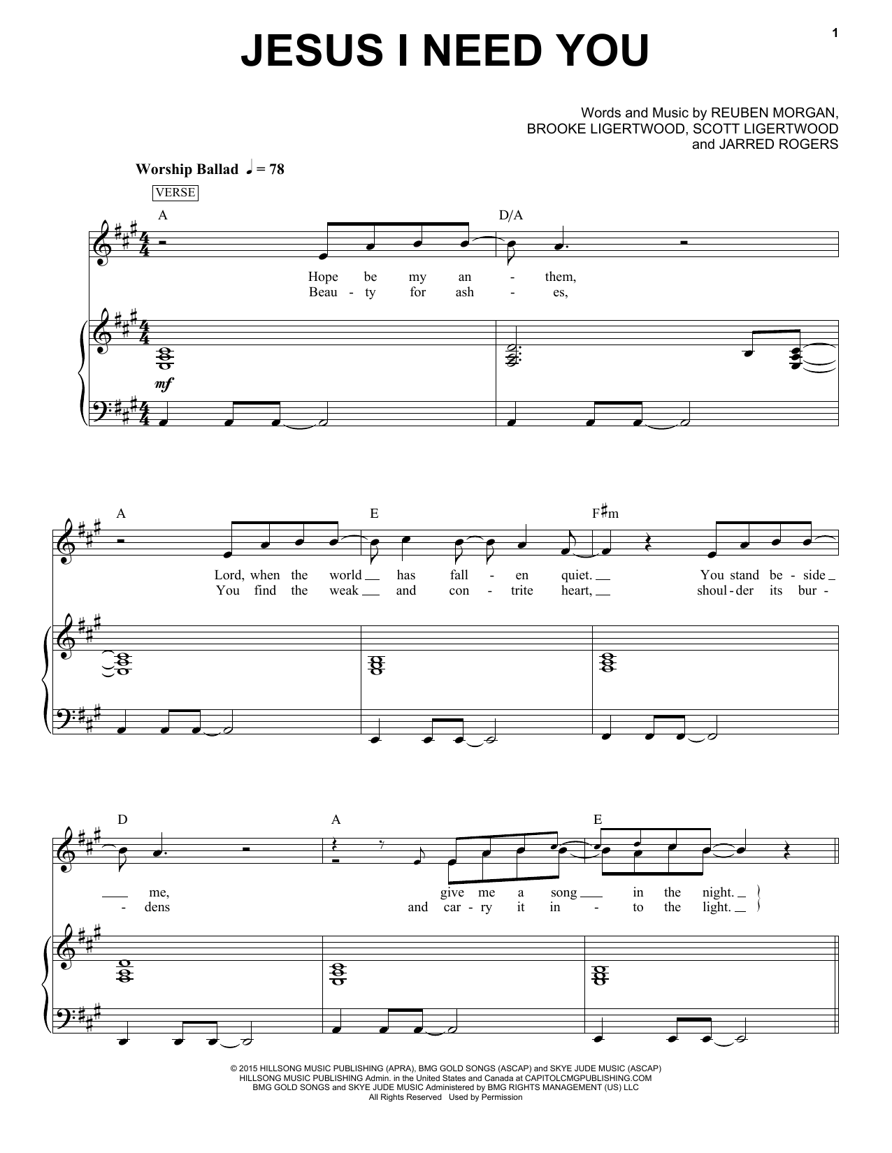 Hillsong Worship Jesus I Need You sheet music notes and chords arranged for Piano & Vocal