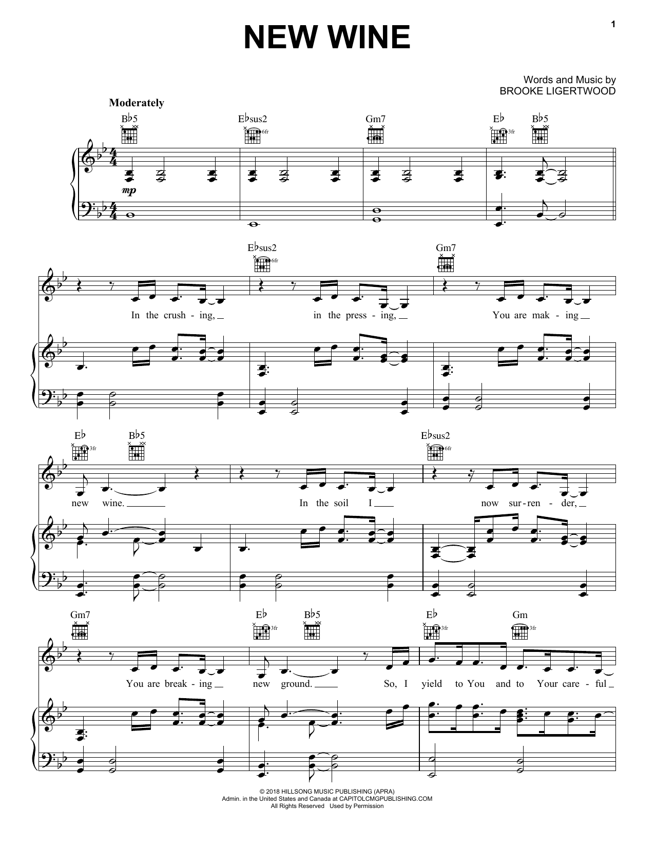 Hillsong Worship New Wine sheet music notes and chords arranged for Piano, Vocal & Guitar Chords (Right-Hand Melody)