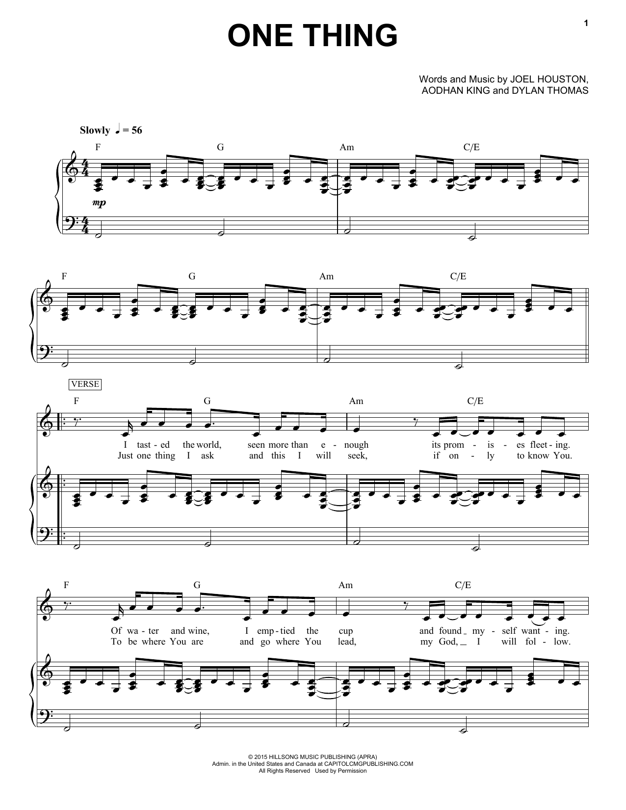 Hillsong Worship One Thing sheet music notes and chords arranged for Piano & Vocal