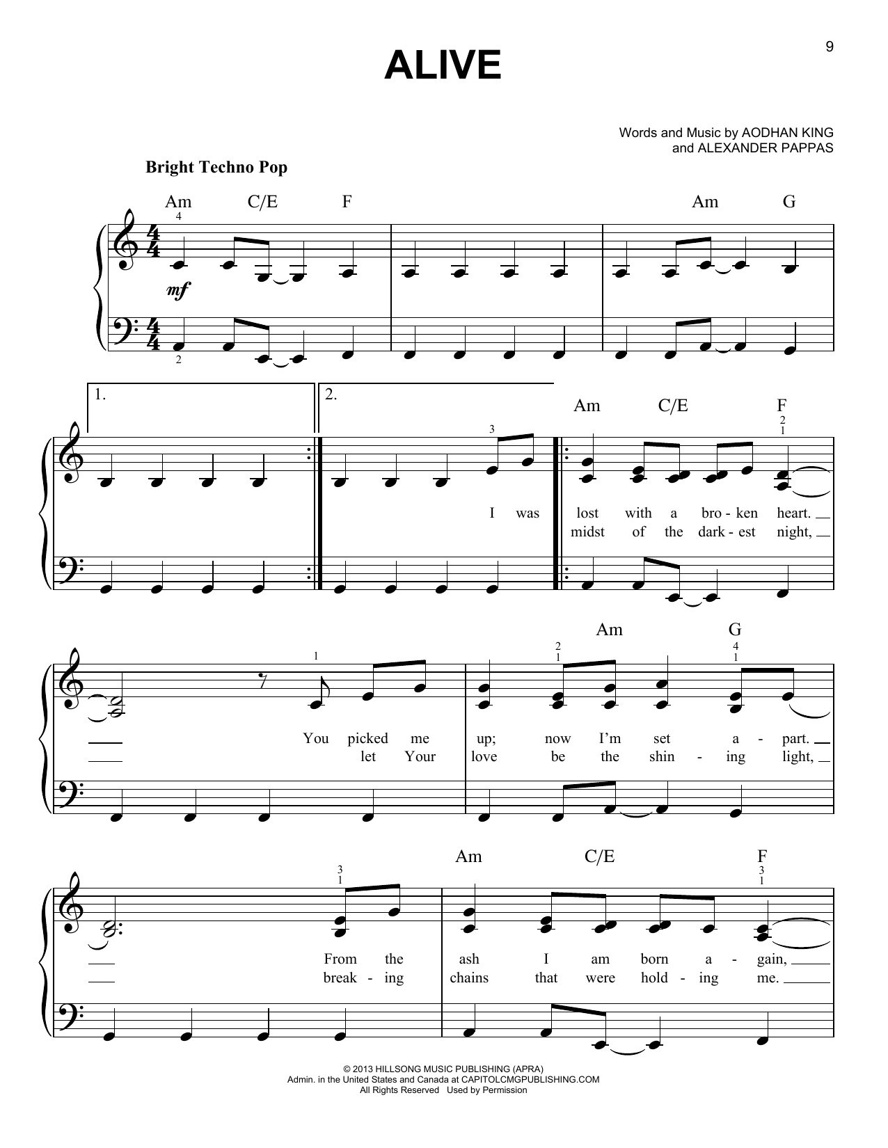 Hillsong Young & Free Alive sheet music notes and chords arranged for Easy Piano