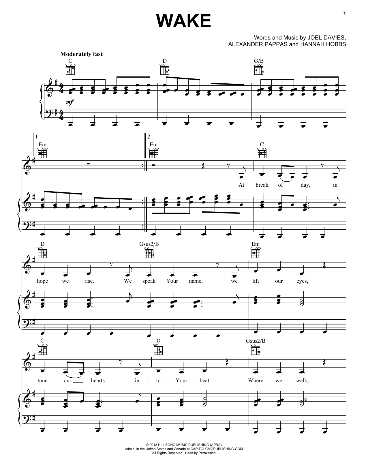 Hillsong Young & Free Wake sheet music notes and chords arranged for Piano, Vocal & Guitar Chords (Right-Hand Melody)
