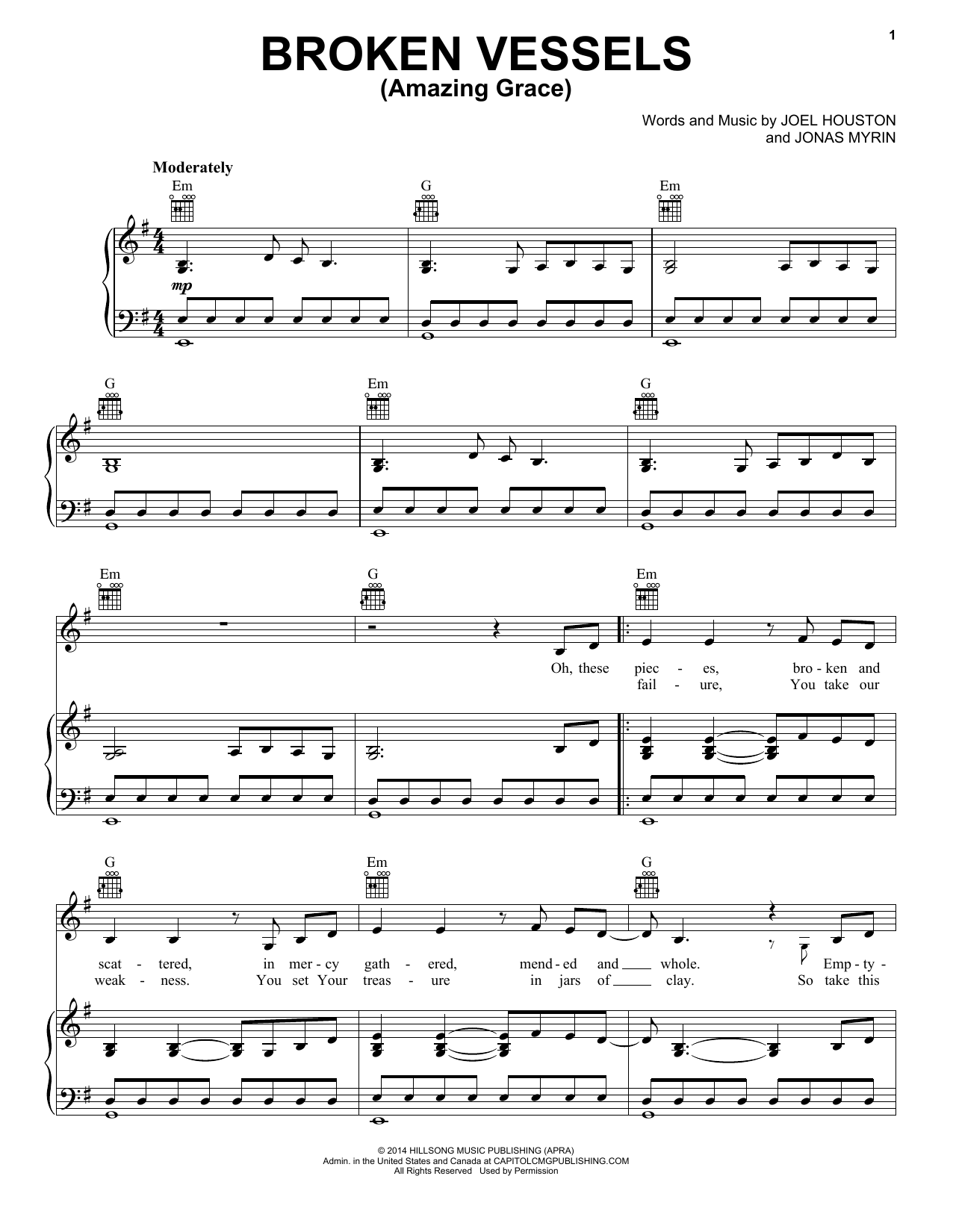 Hillsong Worship Broken Vessels (Amazing Grace) sheet music notes and chords arranged for Piano, Vocal & Guitar Chords (Right-Hand Melody)