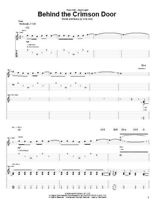 HIM Behind The Crimson Door sheet music notes and chords arranged for Guitar Tab