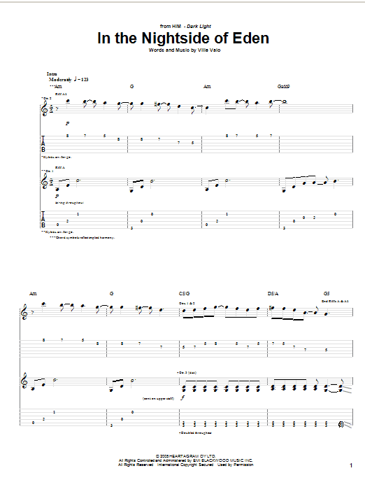 HIM In The Nightside Of Eden sheet music notes and chords arranged for Guitar Tab