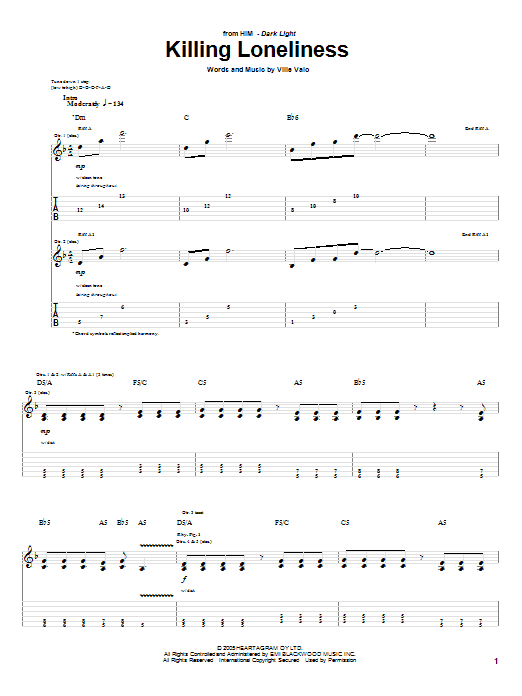 HIM Killing Loneliness sheet music notes and chords arranged for Guitar Tab