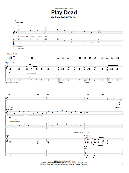 HIM Play Dead sheet music notes and chords arranged for Guitar Tab
