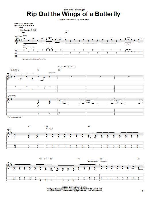 HIM Rip Out The Wings Of A Butterfly sheet music notes and chords arranged for Guitar Tab