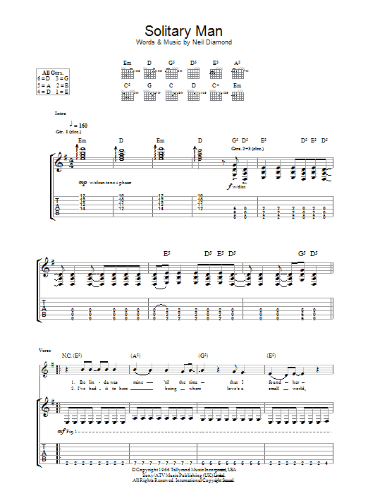 HIM Solitary Man sheet music notes and chords arranged for Guitar Tab