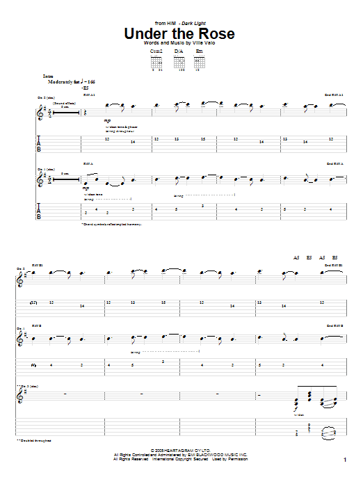 HIM Under The Rose sheet music notes and chords arranged for Guitar Tab