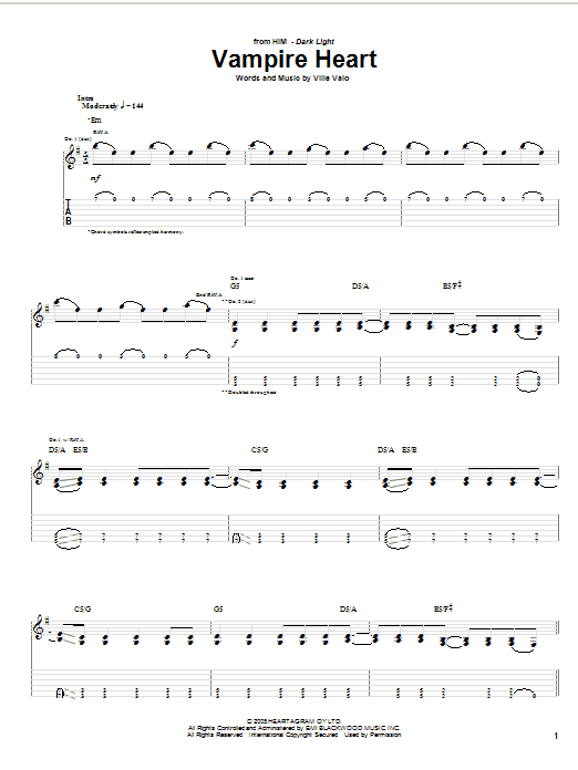 HIM Vampire Heart sheet music notes and chords arranged for Guitar Tab