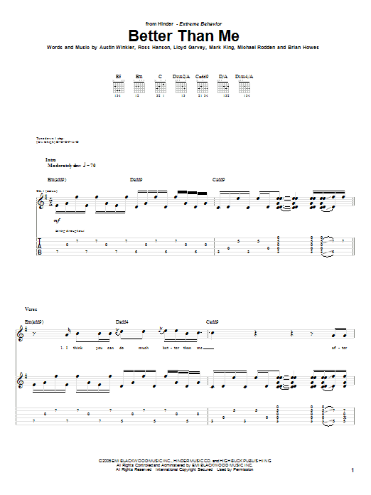 Hinder Better Than Me sheet music notes and chords arranged for Guitar Tab