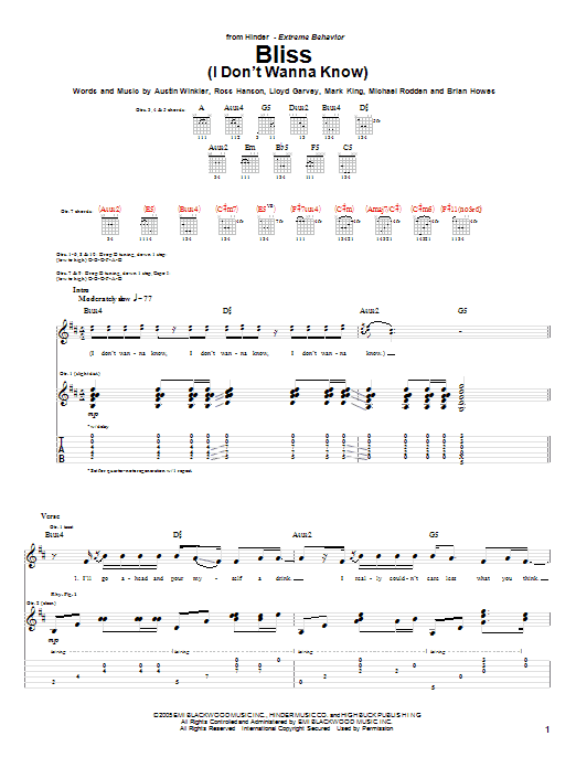 Hinder Bliss (I Don't Wanna Know) sheet music notes and chords arranged for Guitar Tab