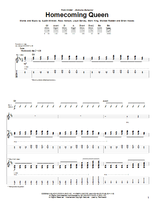 Hinder Homecoming Queen sheet music notes and chords arranged for Guitar Tab