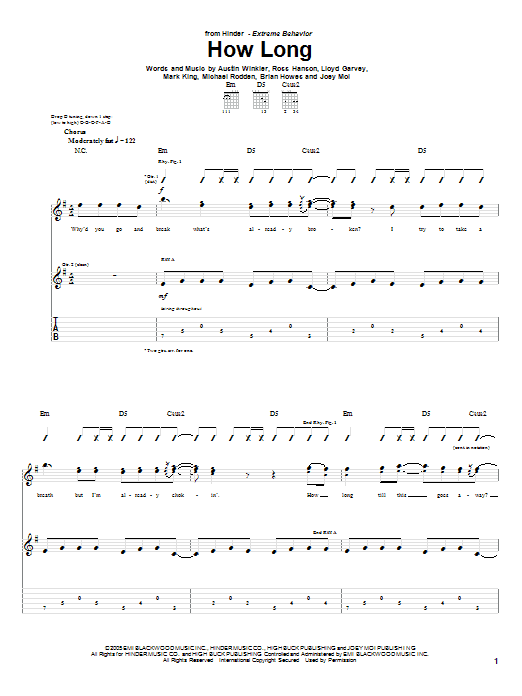 Hinder How Long sheet music notes and chords arranged for Guitar Tab