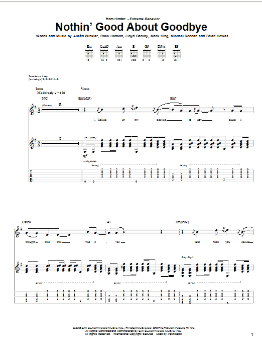 Hinder Nothin' Good About Goodbye sheet music notes and chords arranged for Guitar Tab