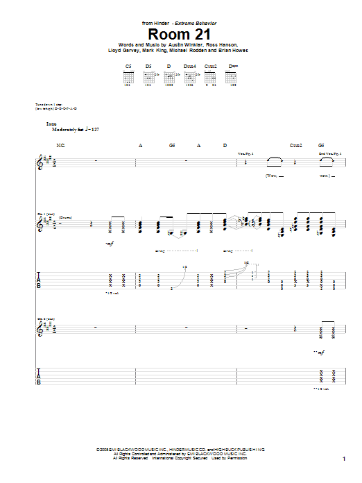 Hinder Room 21 sheet music notes and chords arranged for Guitar Tab