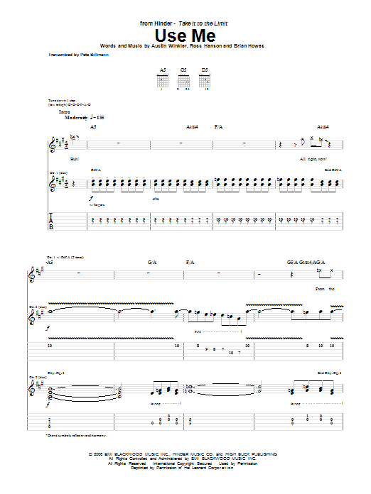 Hinder Use Me sheet music notes and chords arranged for Guitar Tab