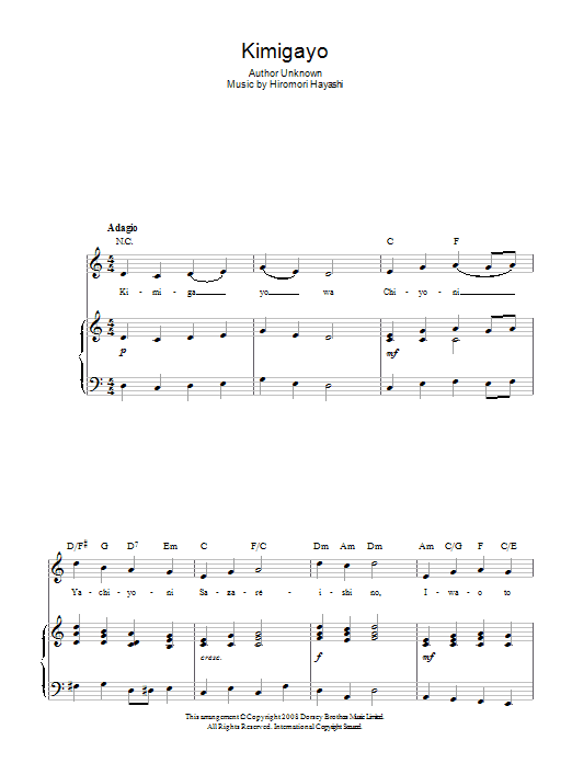 Hiromori Hayashi Kimigayo (Japanese National Anthem) sheet music notes and chords arranged for Piano, Vocal & Guitar Chords