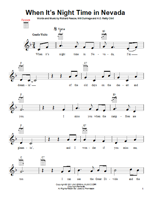 H.O. Reilly Clint When It's Night Time In Nevada sheet music notes and chords arranged for Ukulele