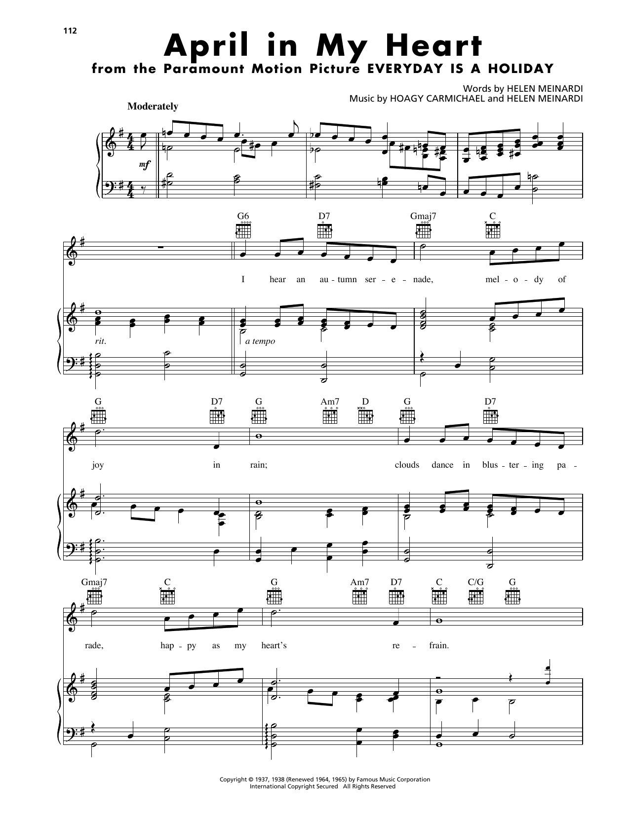 Hoagy Carmichael April In My Heart sheet music notes and chords arranged for Piano, Vocal & Guitar Chords (Right-Hand Melody)
