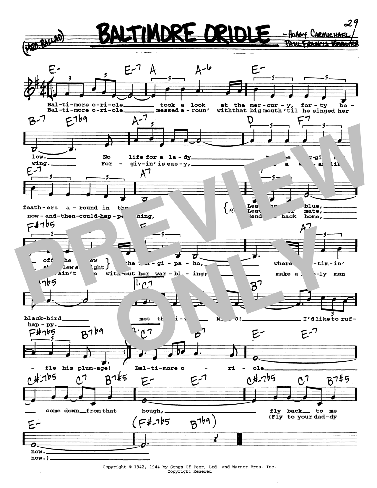 Hoagy Carmichael Baltimore Oriole (Low Voice) sheet music notes and chords arranged for Real Book – Melody, Lyrics & Chords