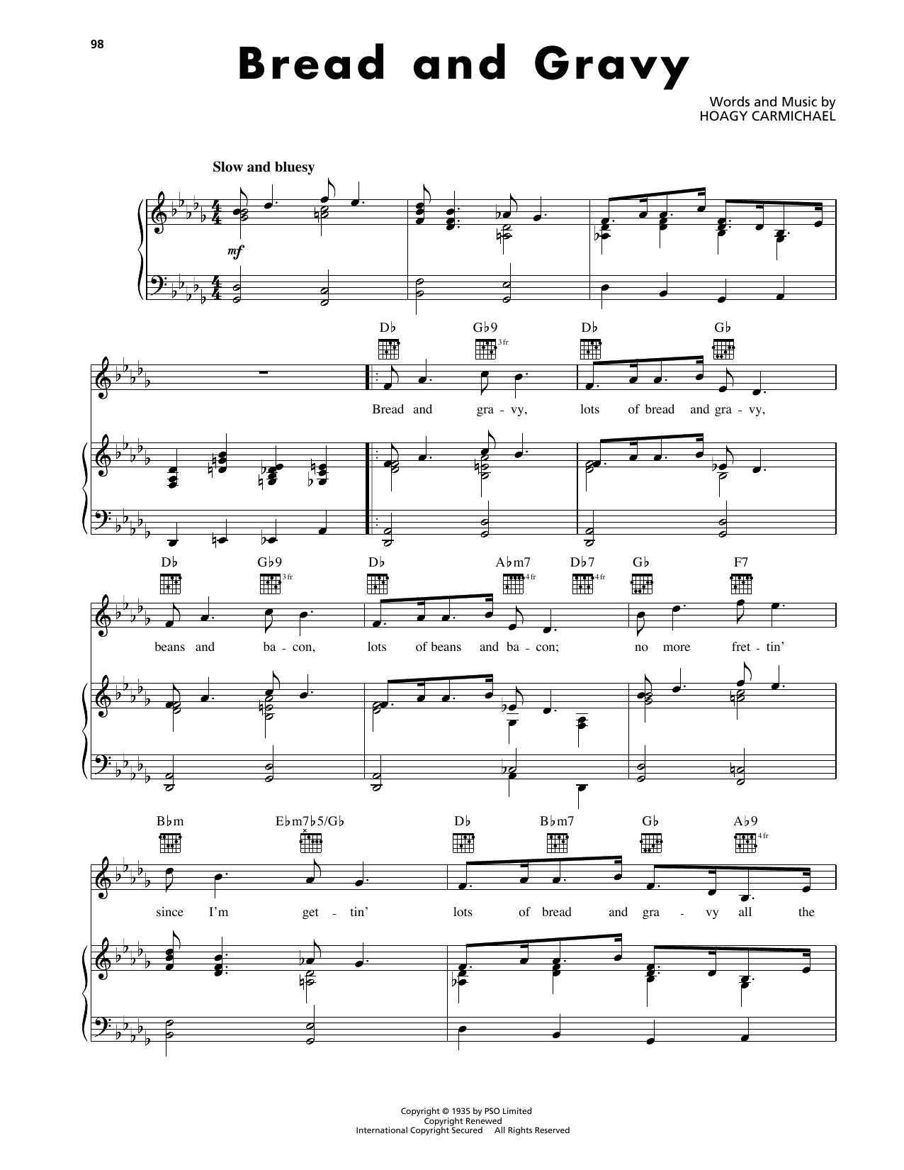 Hoagy Carmichael Bread And Gravy sheet music notes and chords arranged for Piano, Vocal & Guitar Chords (Right-Hand Melody)