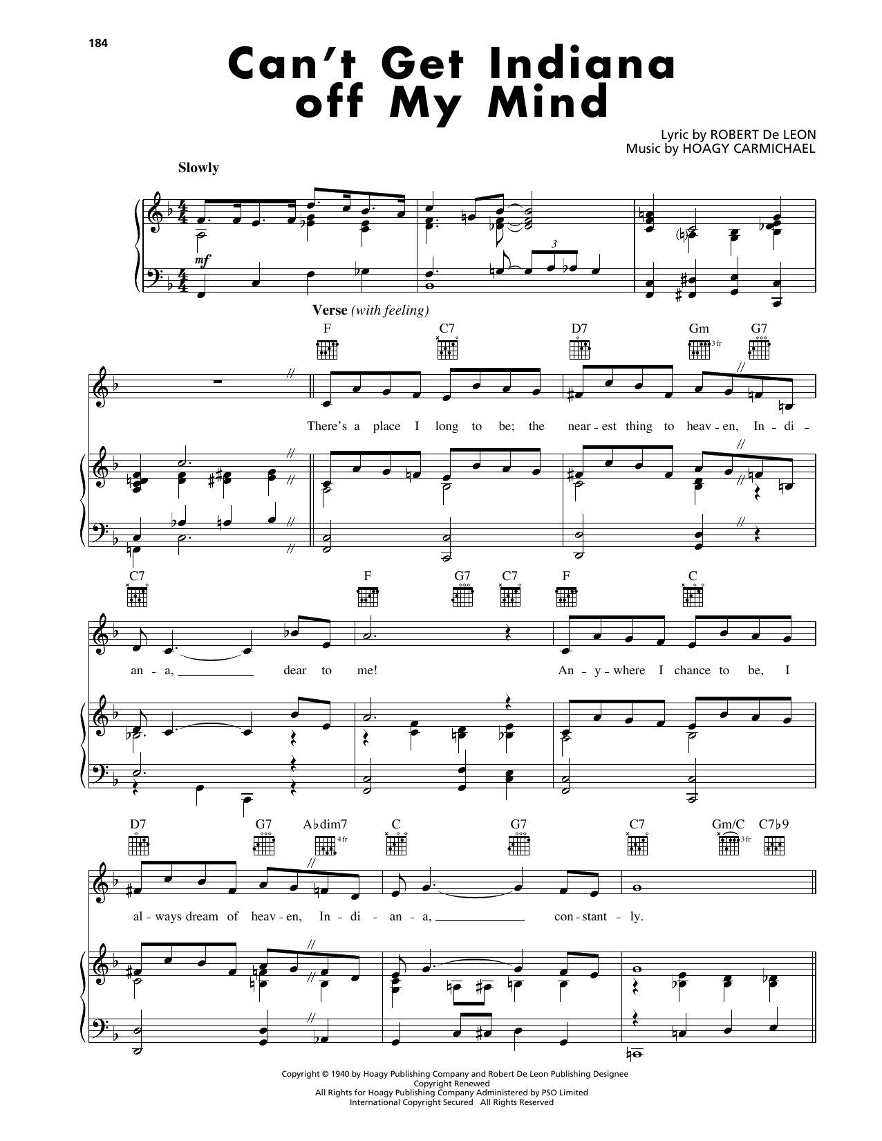 Hoagy Carmichael Can't Get Indiana Off My Mind sheet music notes and chords arranged for Piano, Vocal & Guitar Chords (Right-Hand Melody)