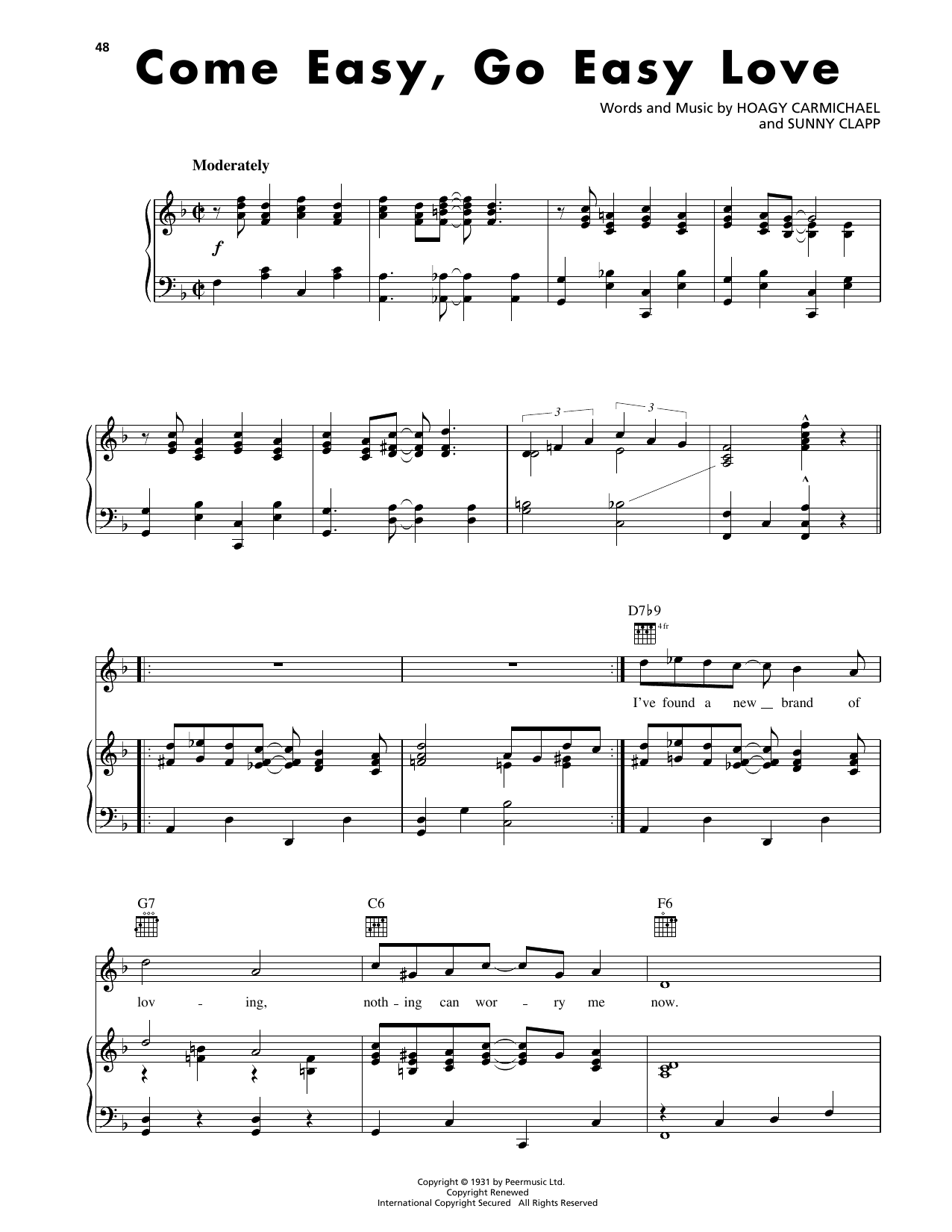 Hoagy Carmichael Come Easy, Go Easy Love sheet music notes and chords arranged for Piano, Vocal & Guitar Chords (Right-Hand Melody)