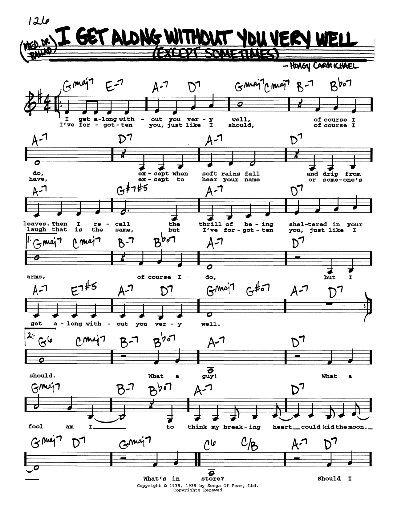 Hoagy Carmichael I Get Along Without You Very Well (Except Sometimes) (Low Voice) sheet music notes and chords arranged for Real Book – Melody, Lyrics & Chords