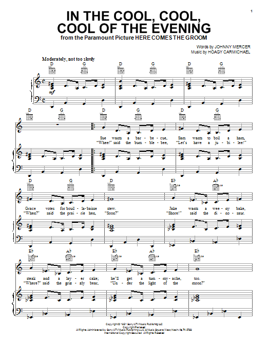 Hoagy Carmichael In The Cool, Cool, Cool Of The Evening sheet music notes and chords arranged for Piano, Vocal & Guitar Chords (Right-Hand Melody)
