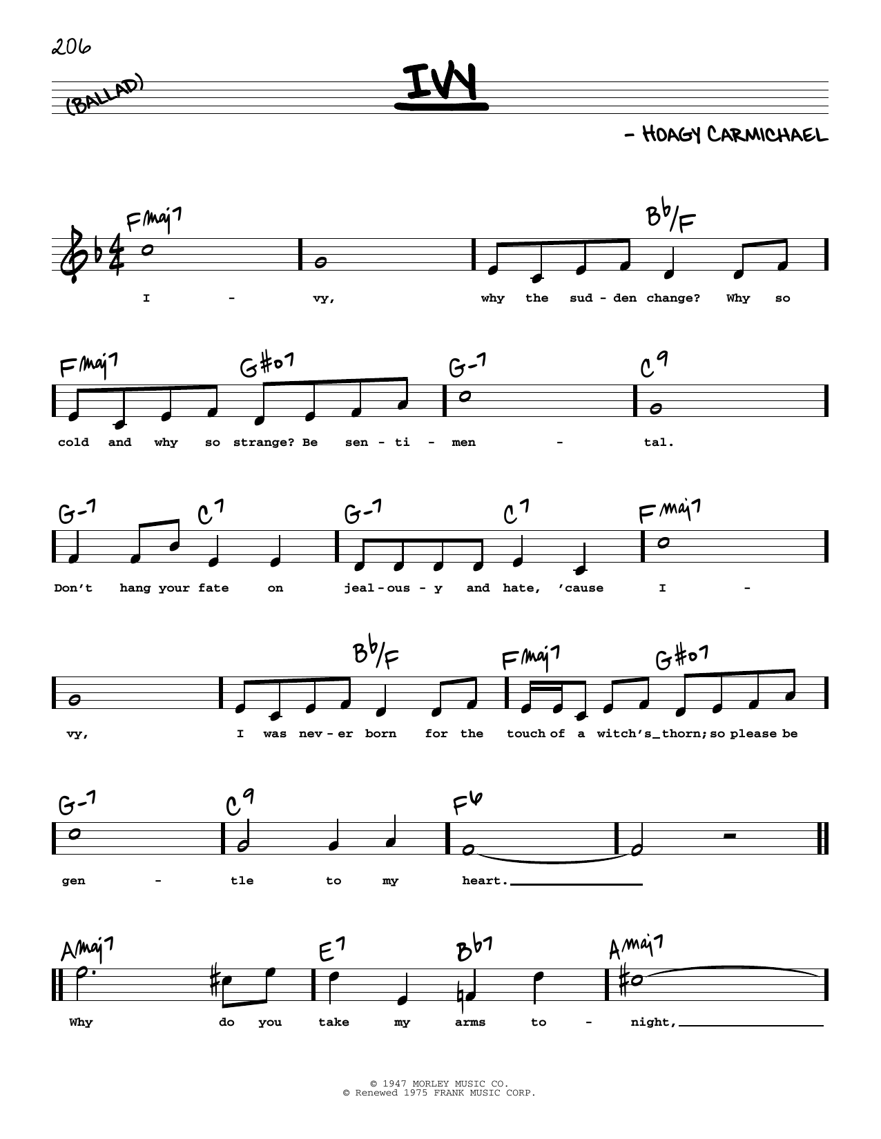 Hoagy Carmichael Ivy (High Voice) sheet music notes and chords arranged for Real Book – Melody, Lyrics & Chords