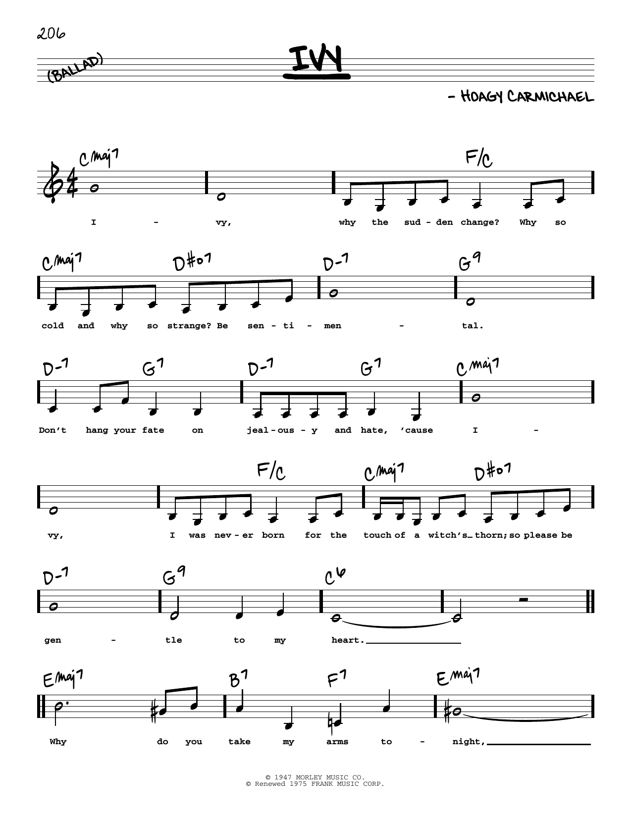 Hoagy Carmichael Ivy (Low Voice) sheet music notes and chords arranged for Real Book – Melody, Lyrics & Chords