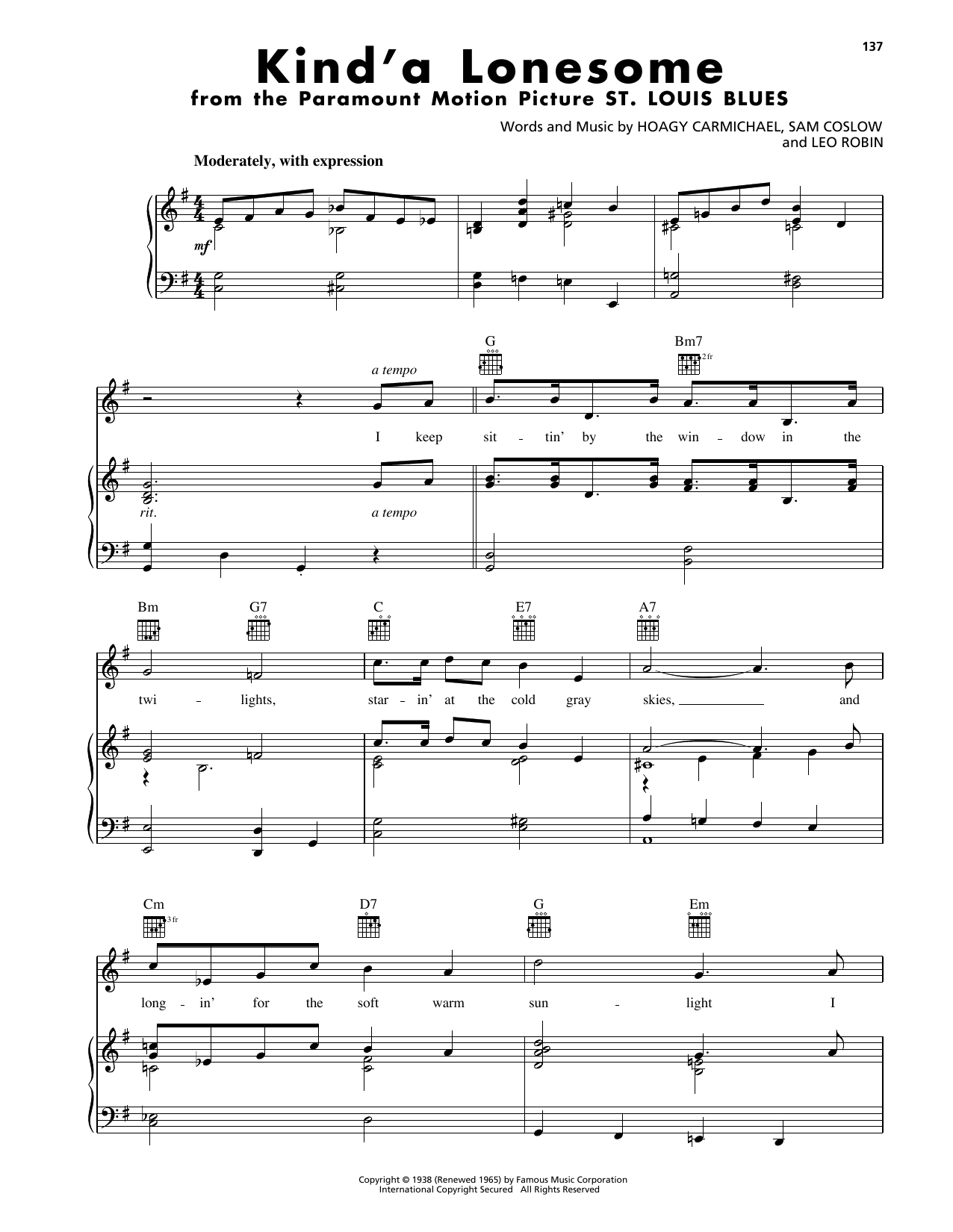 Hoagy Carmichael Kind'a Lonesome sheet music notes and chords arranged for Piano, Vocal & Guitar Chords (Right-Hand Melody)