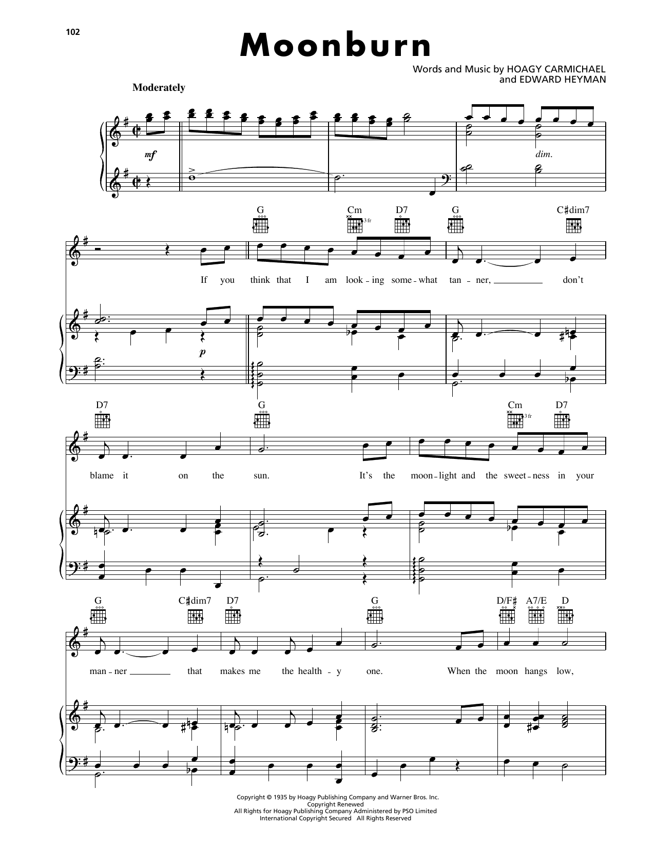 Hoagy Carmichael Moonburn sheet music notes and chords arranged for Piano, Vocal & Guitar Chords (Right-Hand Melody)