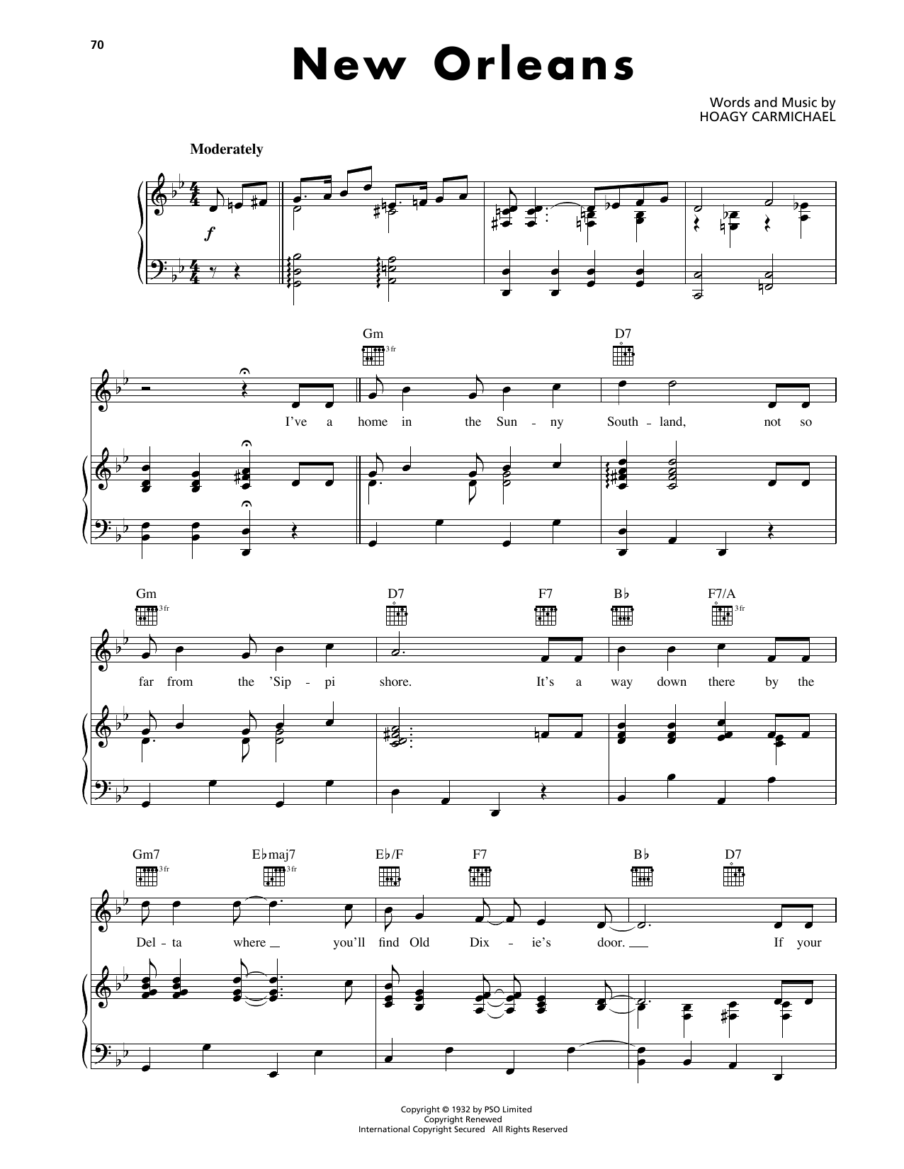 Hoagy Carmichael New Orleans sheet music notes and chords arranged for Piano, Vocal & Guitar Chords (Right-Hand Melody)