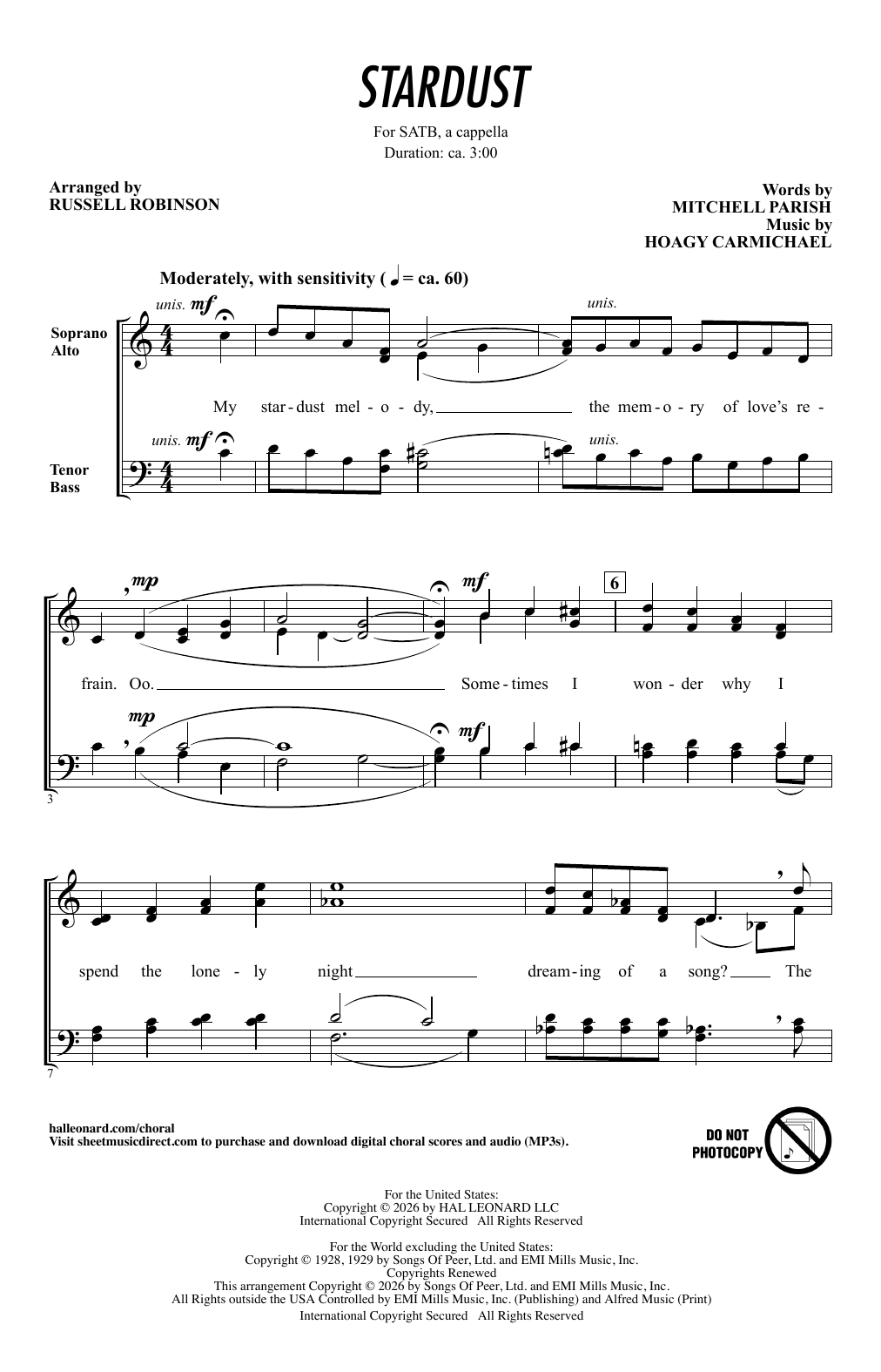 Hoagy Carmichael Stardust (arr. Russell Robinson) sheet music notes and chords arranged for SATB Choir