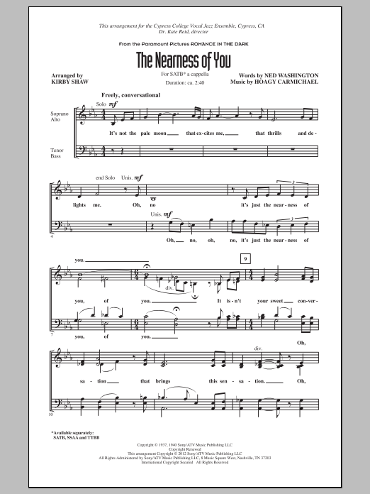 Hoagy Carmichael The Nearness Of You (arr. Kirby Shaw) sheet music notes and chords arranged for SATB Choir
