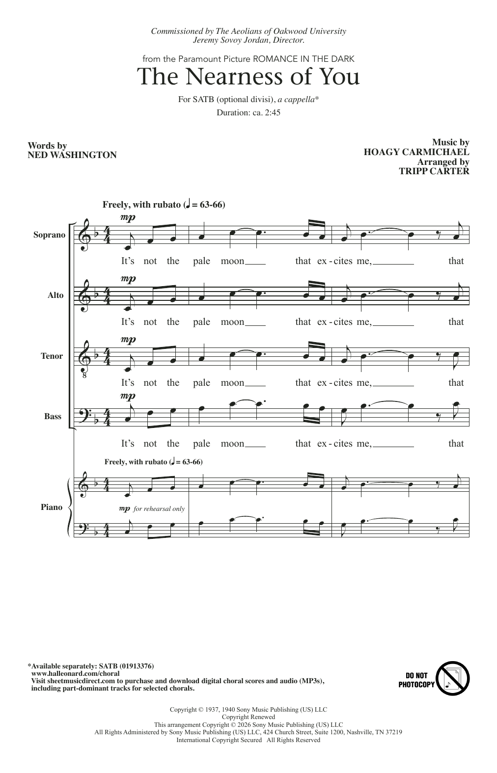 Hoagy Carmichael The Nearness Of You (arr. Tripp Carter) sheet music notes and chords arranged for SATB Choir