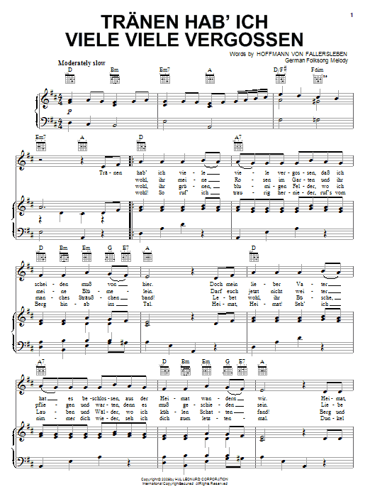 Hoffmann von Fallersleben Tranen Hab'ich Viele Viele Vergossen sheet music notes and chords arranged for Piano, Vocal & Guitar Chords (Right-Hand Melody)