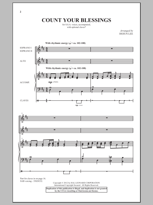 Hojun Lee Count Your Blessings sheet music notes and chords arranged for SSA Choir