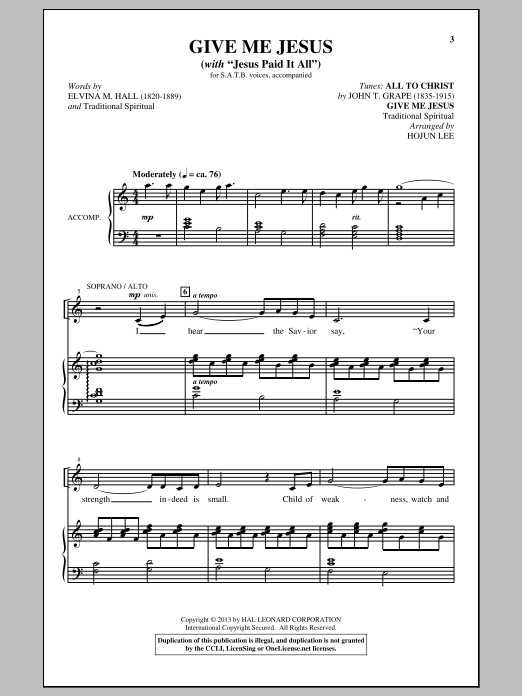 Hojun Lee Jesus Paid It All sheet music notes and chords arranged for SATB Choir