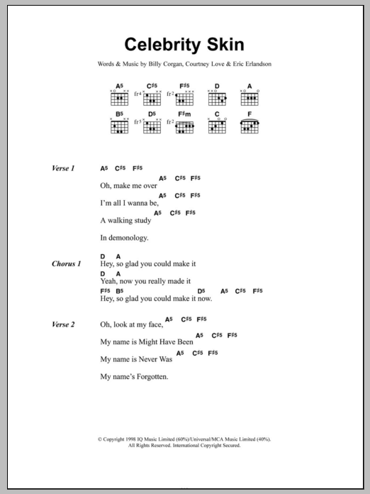 Hole Celebrity Skin sheet music notes and chords arranged for Guitar Chords/Lyrics