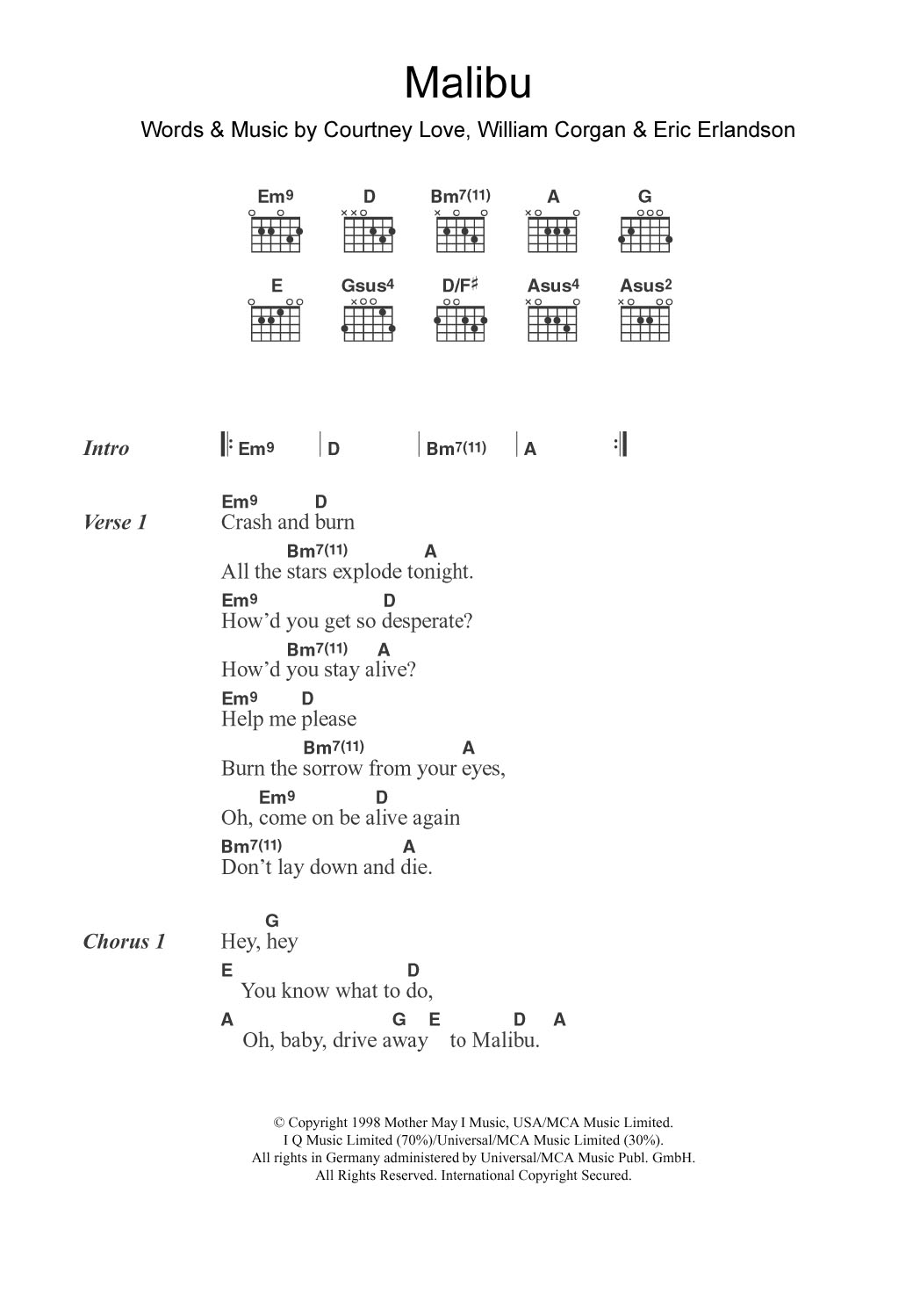 Hole Malibu sheet music notes and chords arranged for Guitar Chords/Lyrics